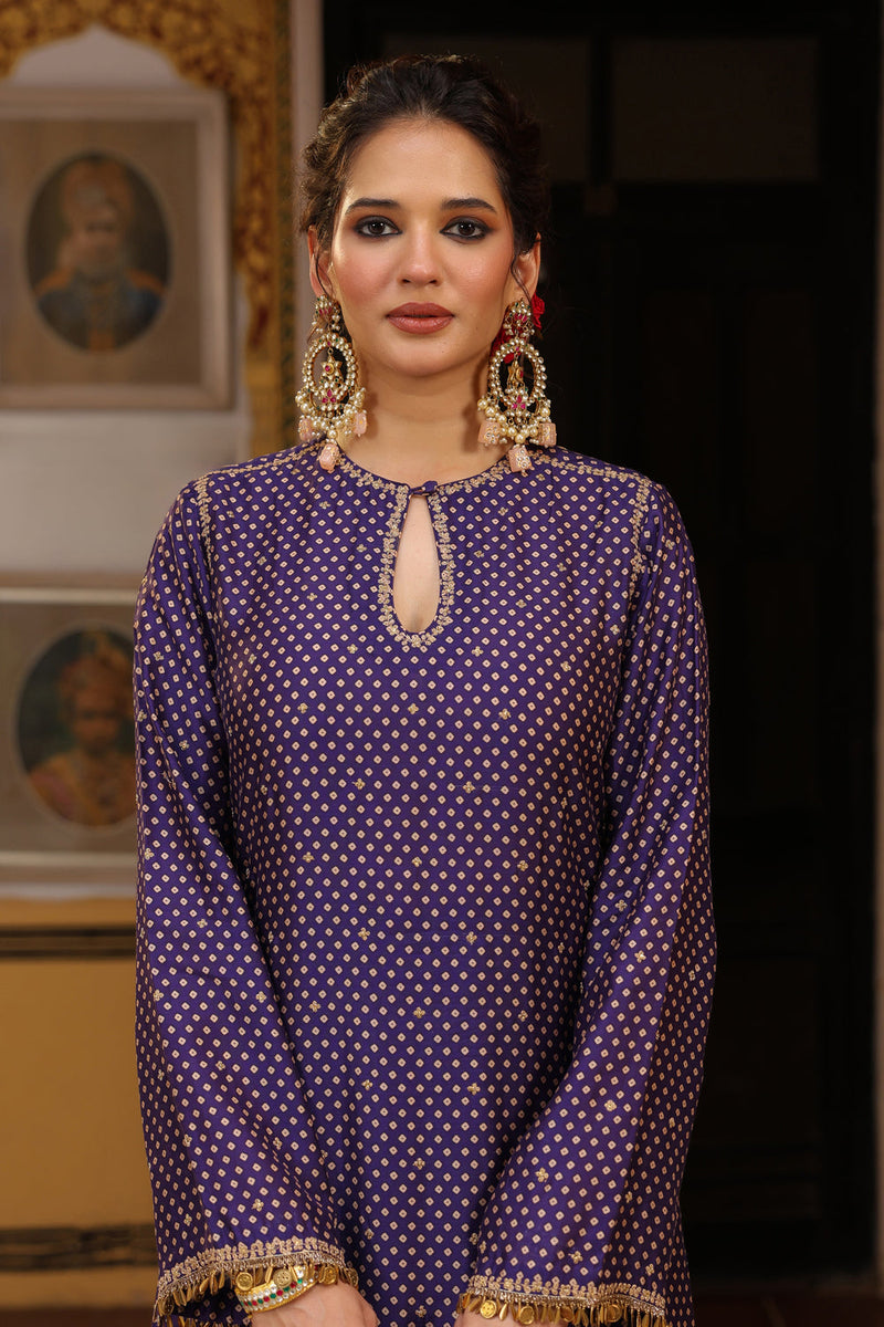 Ahista Purple Printed Mayur Applique Long Kurta Set silk tencel kurta/kurta set by Niti Bothra in purple for women in Singapore