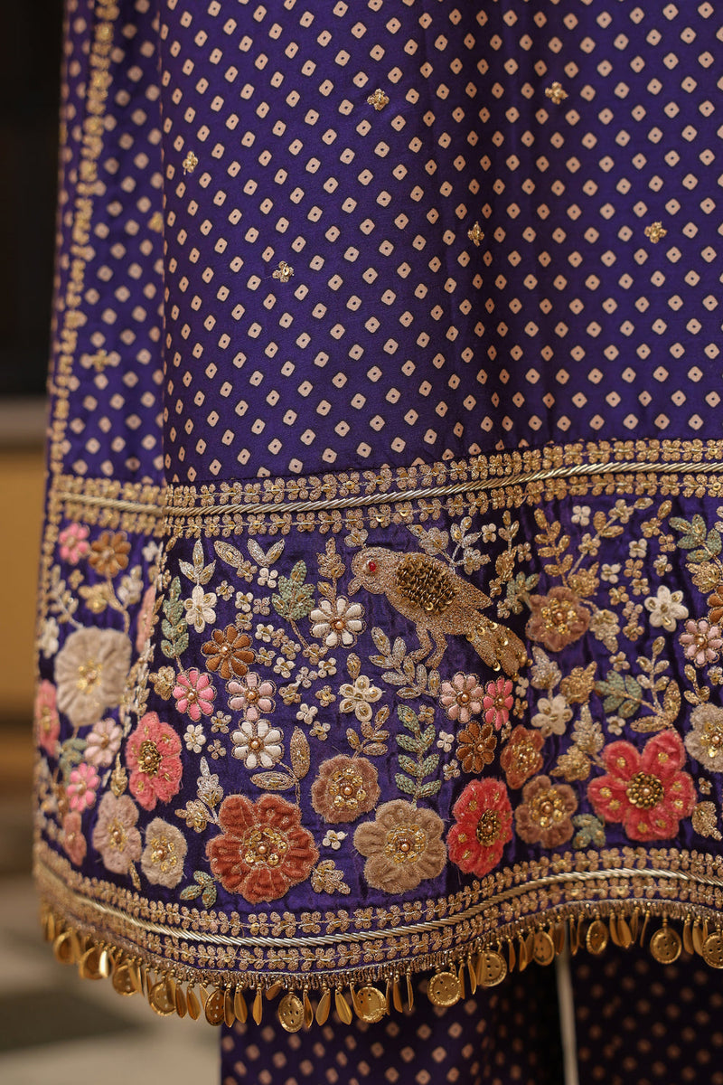 Ahista Purple Printed Mayur Applique Long Kurta Set silk tencel kurta/kurta set by Niti Bothra in purple for women in Singapore