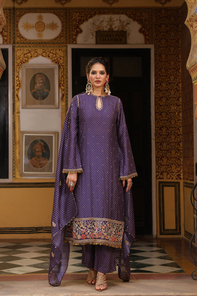 Ahista Purple Printed Mayur Applique Long Kurta Set silk tencel kurta/kurta set by Niti Bothra in purple for women in Singapore