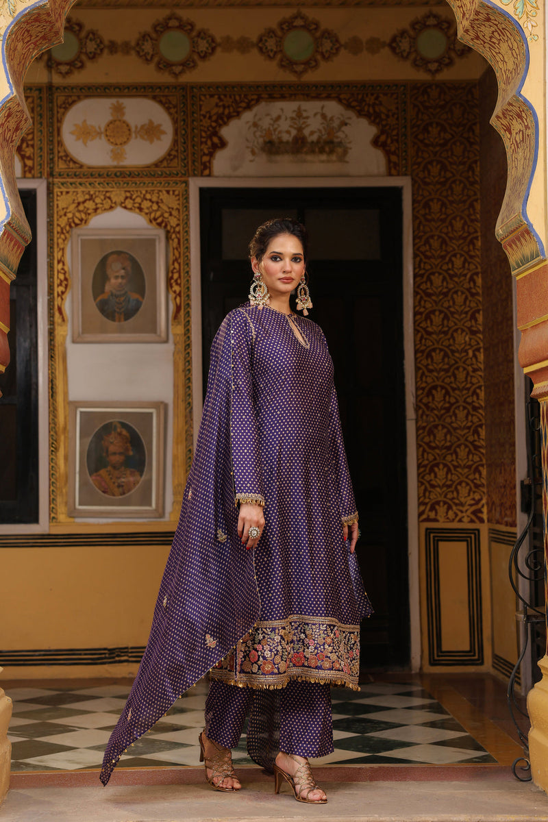 Ahista Purple Printed Mayur Applique Long Kurta Set silk tencel kurta/kurta set by Niti Bothra in purple for women in Singapore