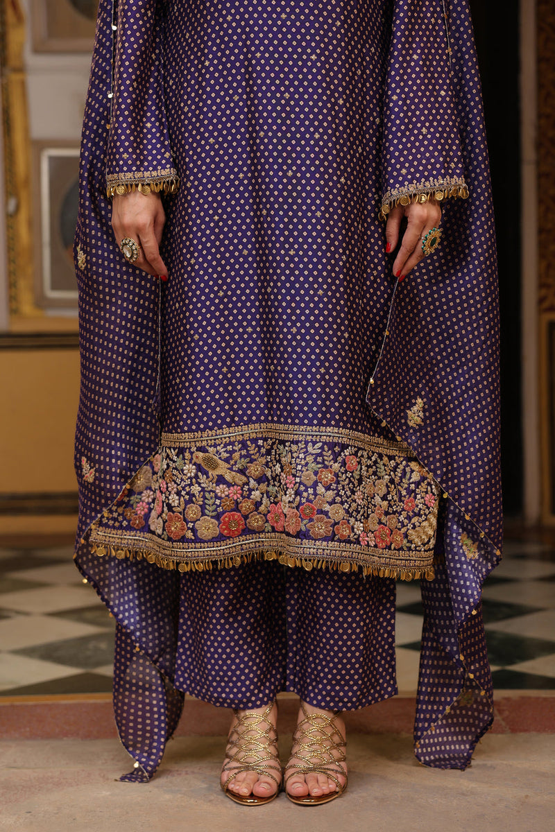 Ahista Purple Printed Mayur Applique Long Kurta Set silk tencel kurta/kurta set by Niti Bothra in purple for women in Singapore