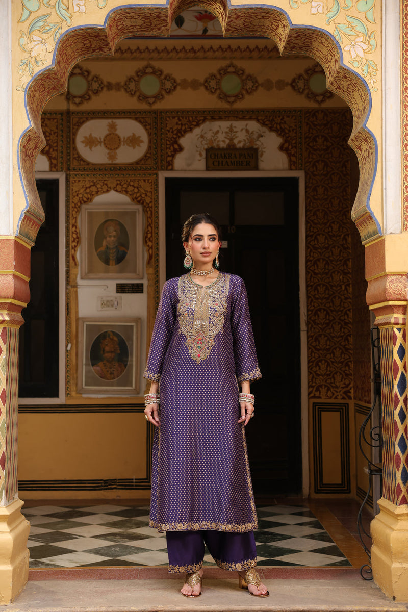 Ahista Purple Printed Pakhi Yoke Heavy Straight Kurta Set silk tencel kurta/kurta set by Niti Bothra in purple for women in Singapore