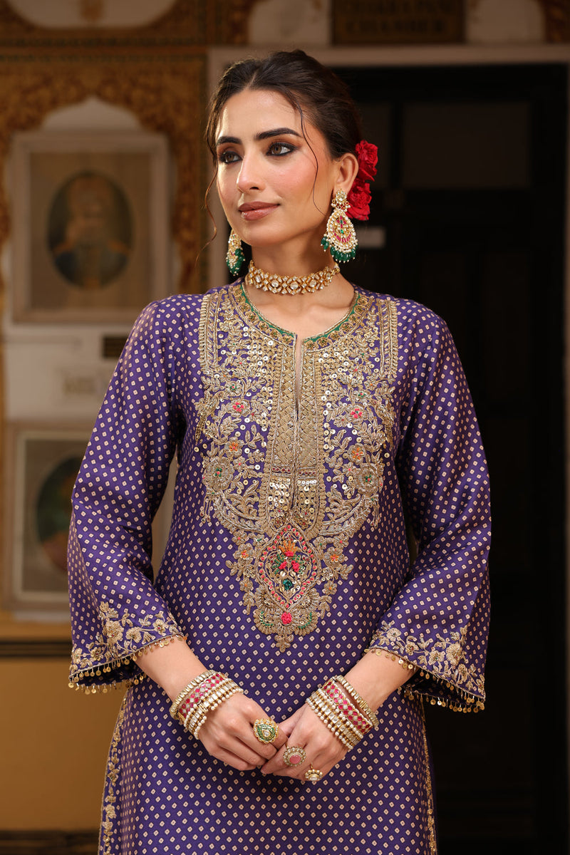 Ahista Purple Printed Pakhi Yoke Heavy Straight Kurta Set silk tencel kurta/kurta set by Niti Bothra in purple for women in Singapore