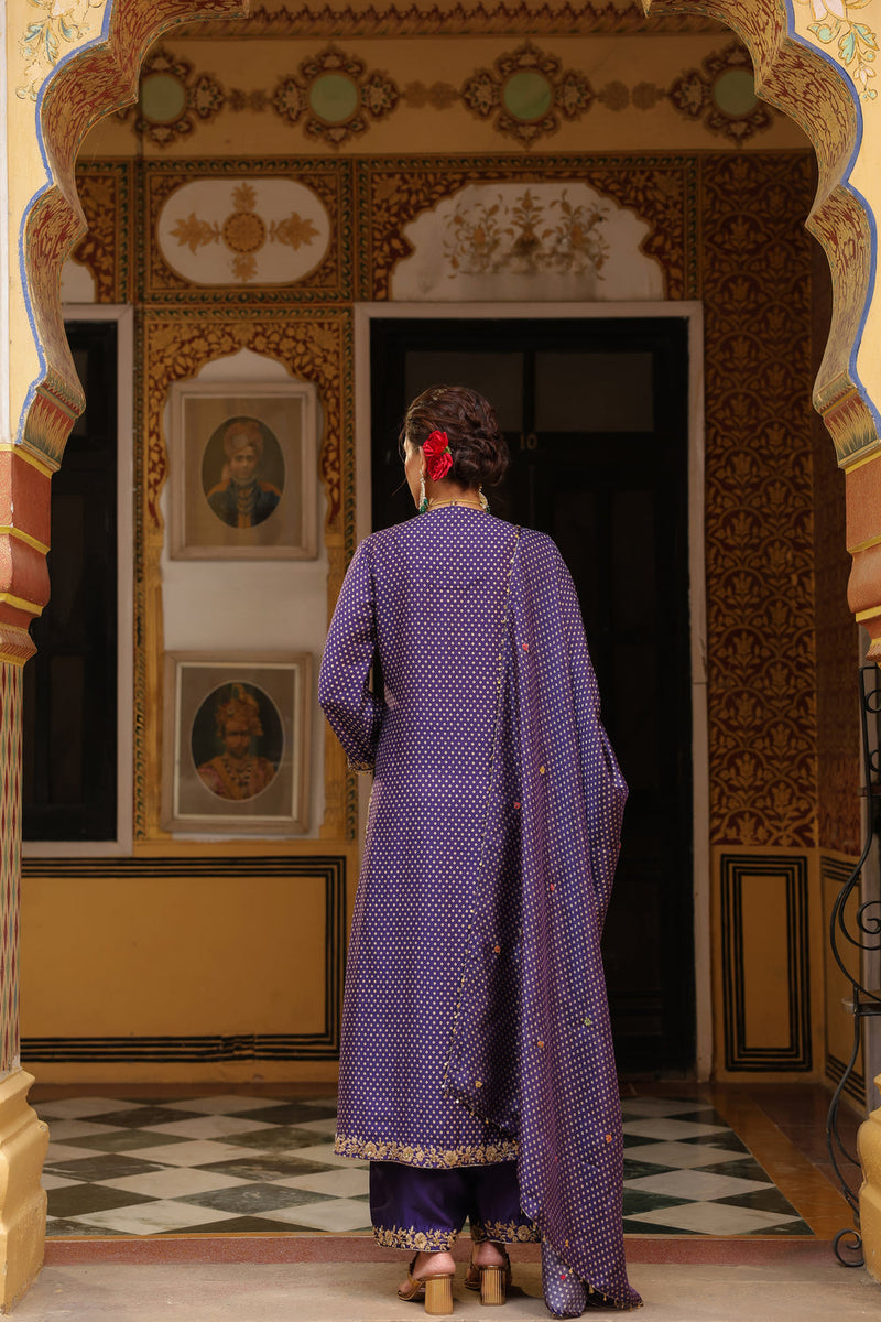 Ahista Purple Printed Pakhi Yoke Heavy Straight Kurta Set silk tencel kurta/kurta set by Niti Bothra in purple for women in Singapore