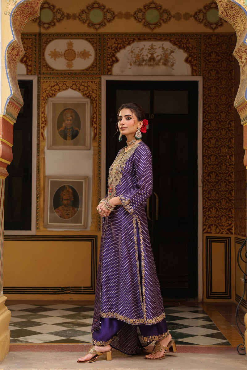Ahista Purple Printed Pakhi Yoke Heavy Straight Kurta Set silk tencel kurta/kurta set by Niti Bothra in purple for women in Singapore