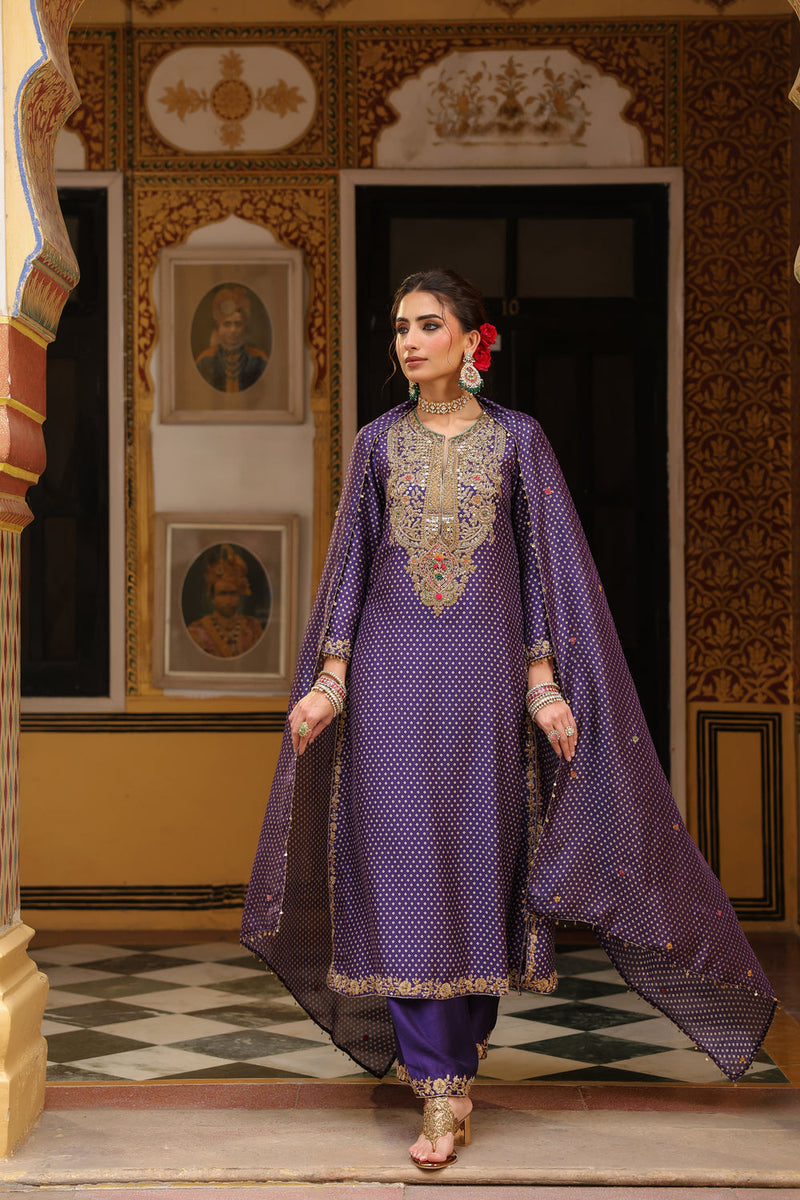 Ahista Purple Printed Pakhi Yoke Heavy Straight Kurta Set silk tencel kurta/kurta set by Niti Bothra in purple for women in Singapore