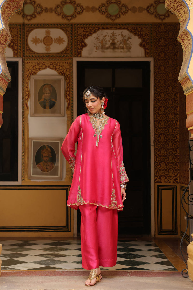 Ahista Pink Pheran Short Kurta Set organza kurta/kurta set by Niti Bothra in pink for women in Singapore