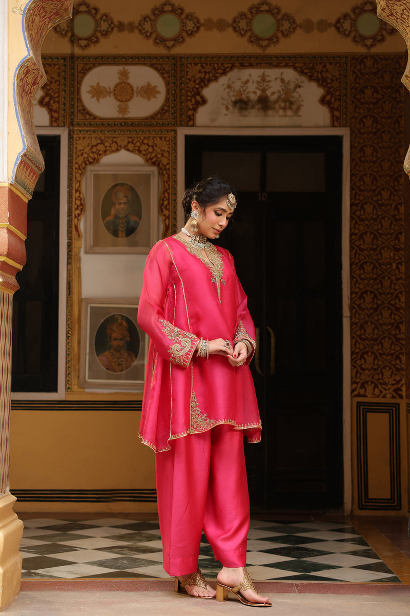 Ahista Pink Pheran Short Kurta Set organza kurta/kurta set by Niti Bothra in pink for women in Singapore