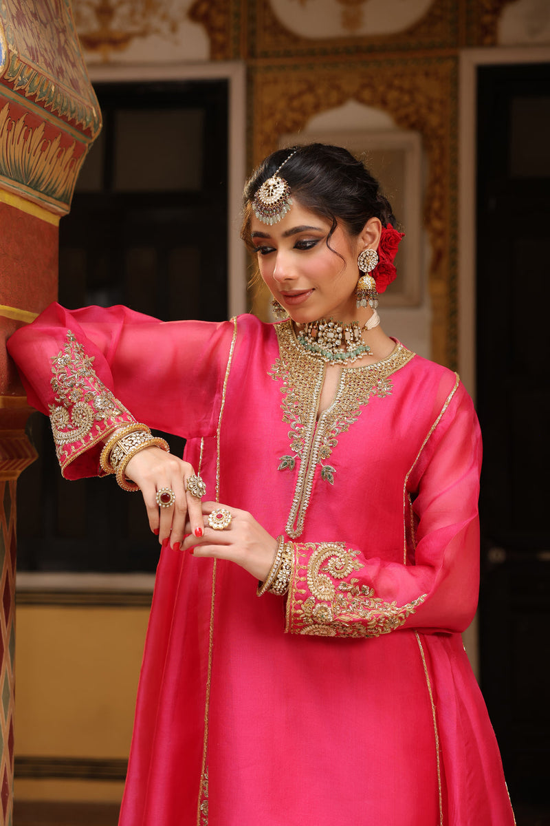 Ahista Pink Pheran Short Kurta Set organza kurta/kurta set by Niti Bothra in pink for women in Singapore
