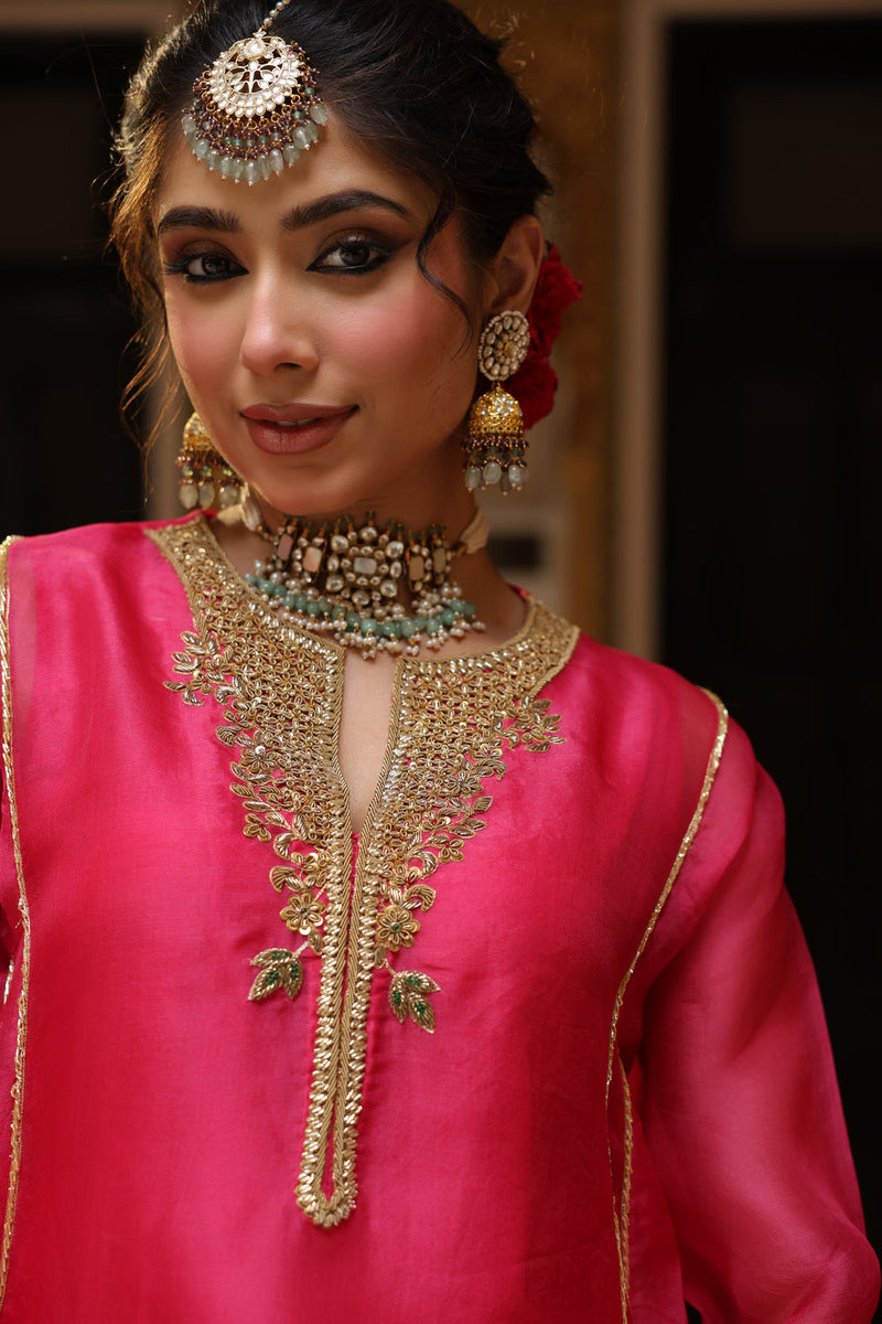 Ahista Pink Pheran Short Kurta Set organza kurta/kurta set by Niti Bothra in pink for women in Singapore