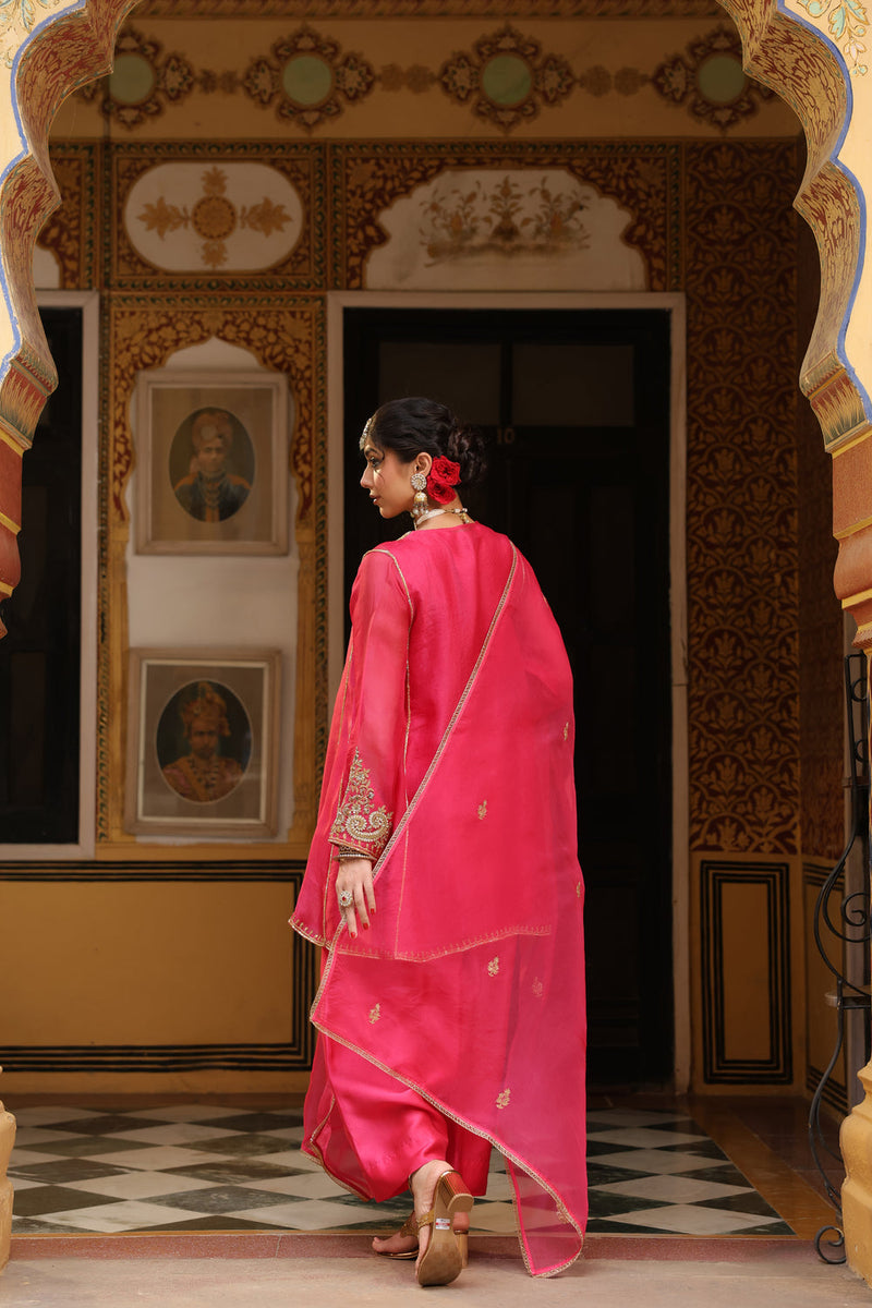 Ahista Pink Pheran Short Kurta Set organza kurta/kurta set by Niti Bothra in pink for women in Singapore
