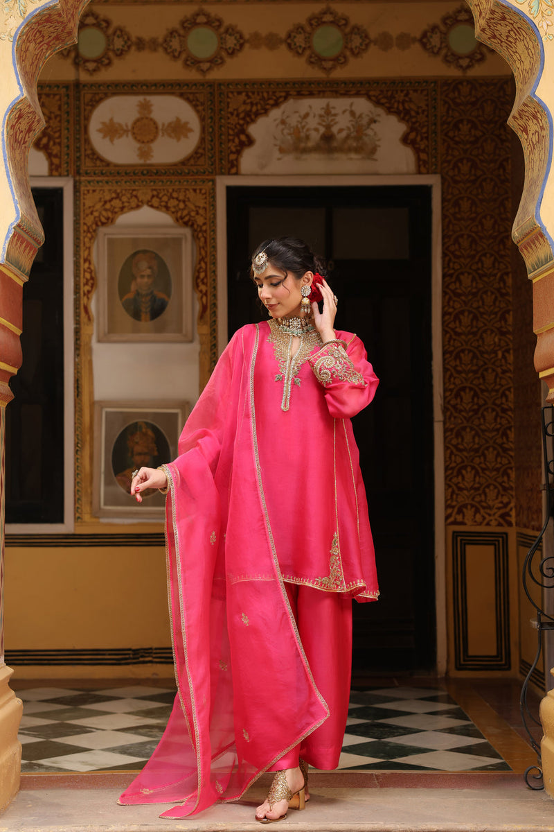 Ahista Pink Pheran Short Kurta Set organza kurta/kurta set by Niti Bothra in pink for women in Singapore