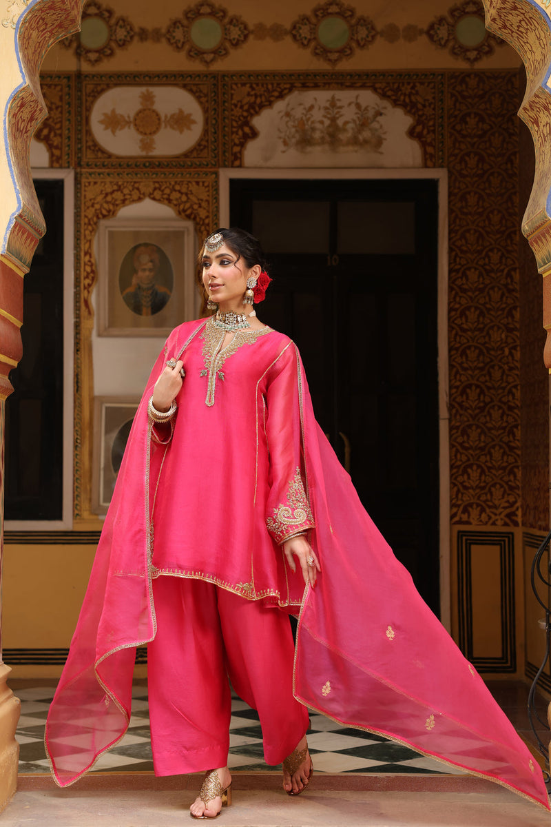 Ahista Pink Pheran Short Kurta Set organza kurta/kurta set by Niti Bothra in pink for women in Singapore
