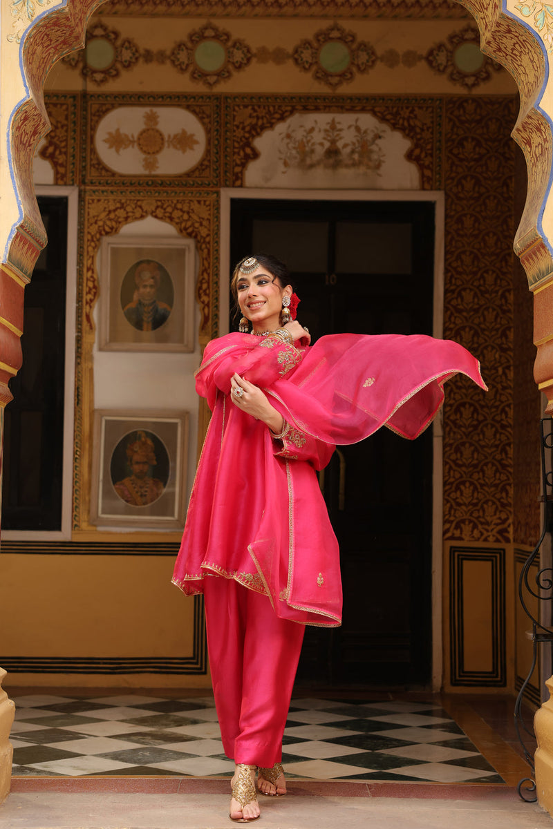 Ahista Pink Pheran Short Kurta Set organza kurta/kurta set by Niti Bothra in pink for women in Singapore