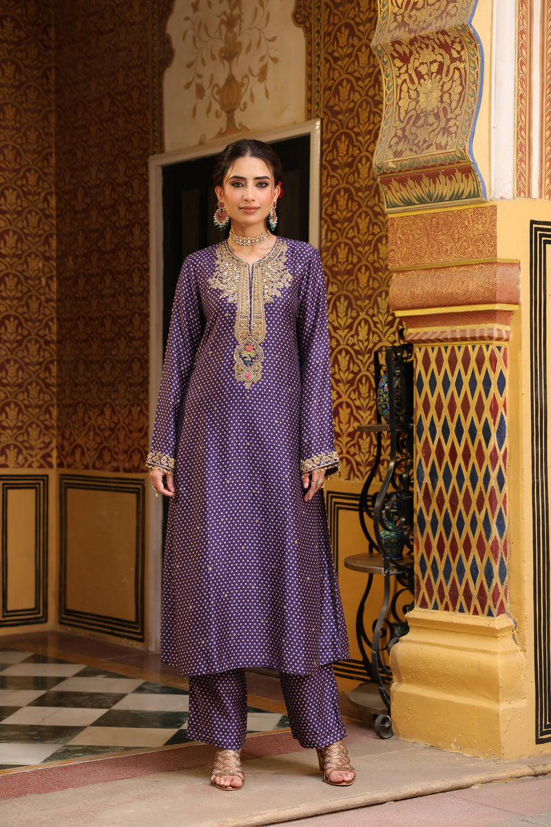 Ahista Purple Printed Pakhi Yoke Straight Kurta Set silk tencel kurta/kurta set by Niti Bothra in purple for women in Singapore
