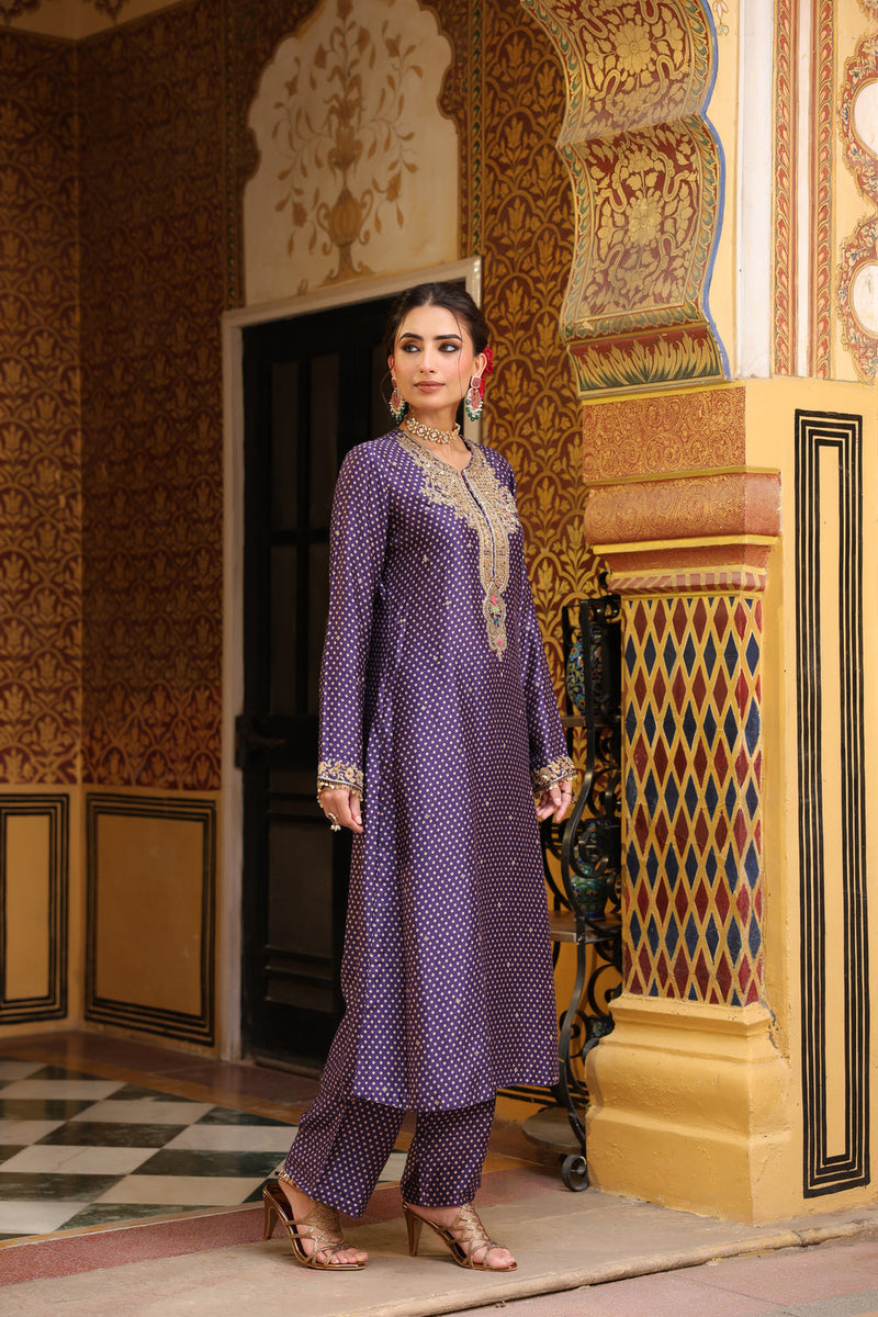 Ahista Purple Printed Pakhi Yoke Straight Kurta Set silk tencel kurta/kurta set by Niti Bothra in purple for women in Singapore