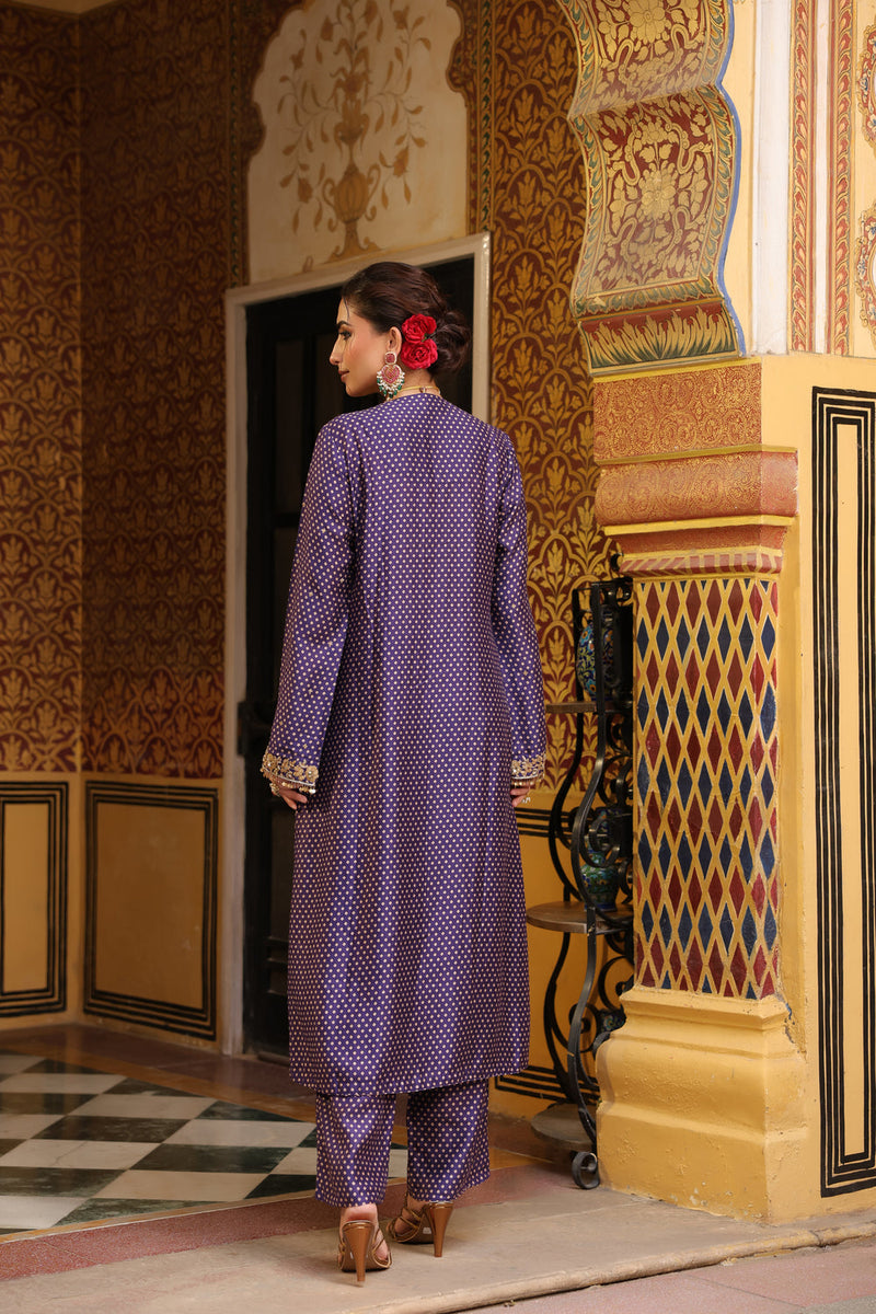 Ahista Purple Printed Pakhi Yoke Straight Kurta Set silk tencel kurta/kurta set by Niti Bothra in purple for women in Singapore