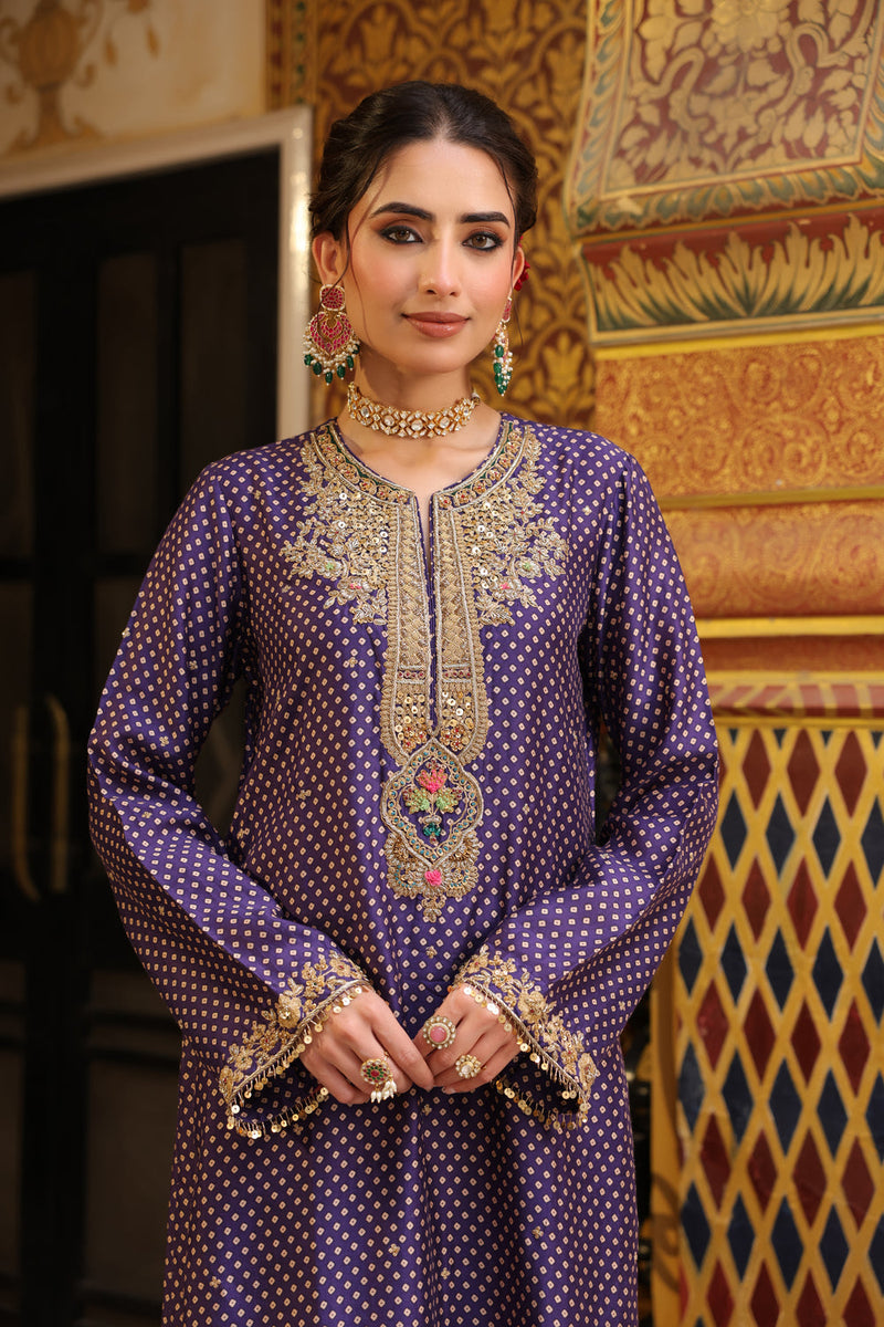Ahista Purple Printed Pakhi Yoke Straight Kurta Set silk tencel kurta/kurta set by Niti Bothra in purple for women in Singapore