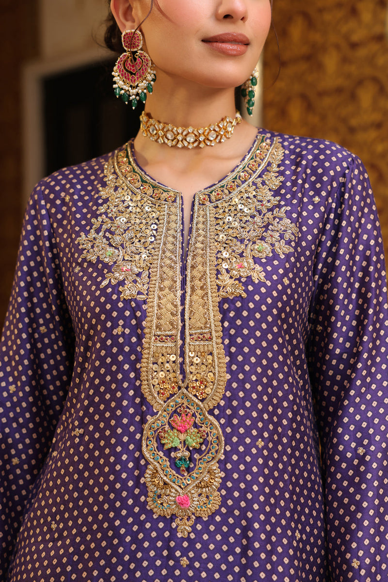Ahista Purple Printed Pakhi Yoke Straight Kurta Set silk tencel kurta/kurta set by Niti Bothra in purple for women in Singapore