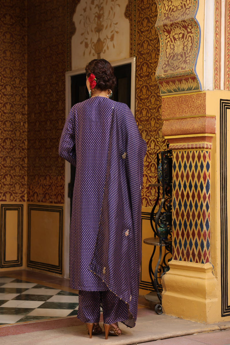 Ahista Purple Printed Pakhi Yoke Straight Kurta Set silk tencel kurta/kurta set by Niti Bothra in purple for women in Singapore