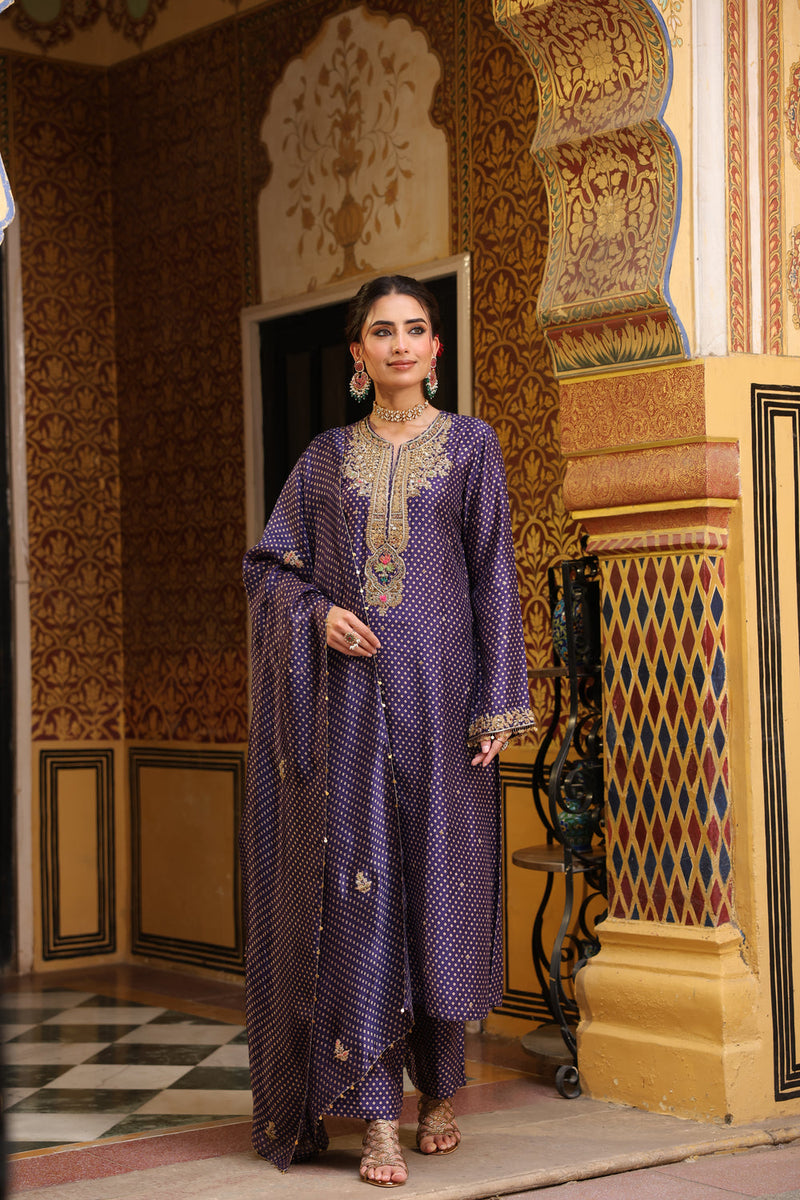 Ahista Purple Printed Pakhi Yoke Straight Kurta Set silk tencel kurta/kurta set by Niti Bothra in purple for women in Singapore
