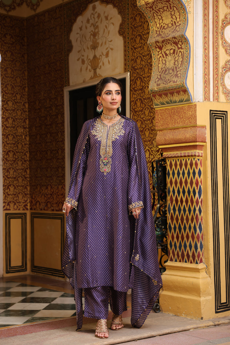 Ahista Purple Printed Pakhi Yoke Straight Kurta Set silk tencel kurta/kurta set by Niti Bothra in purple for women in Singapore