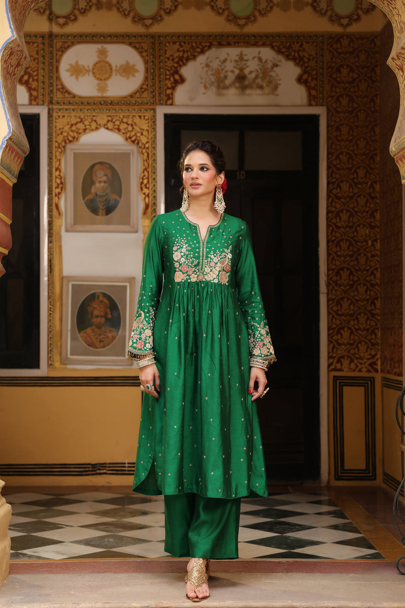 Ahista Green Mayur Applique Frockstyle Kurta Set silk tencel kurta/kurta set by Niti Bothra in green for women in Singapore
