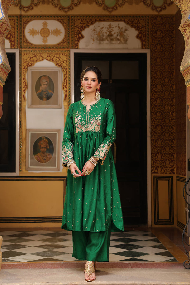 Ahista Green Mayur Applique Frockstyle Kurta Set silk tencel kurta/kurta set by Niti Bothra in green for women in Singapore