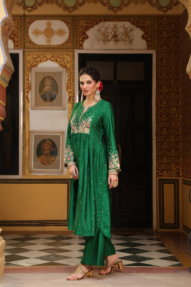 Ahista Green Mayur Applique Frockstyle Kurta Set silk tencel kurta/kurta set by Niti Bothra in green for women in Singapore