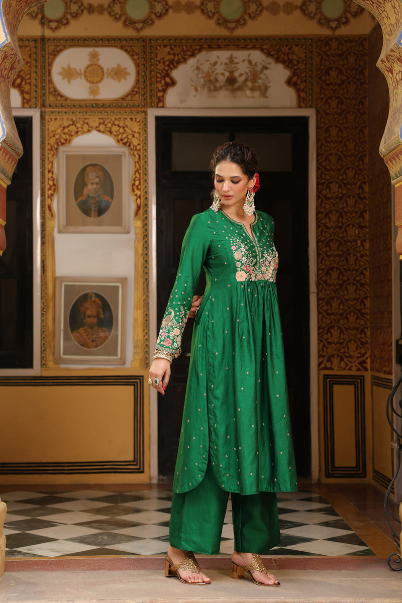 Ahista Green Mayur Applique Frockstyle Kurta Set silk tencel kurta/kurta set by Niti Bothra in green for women in Singapore