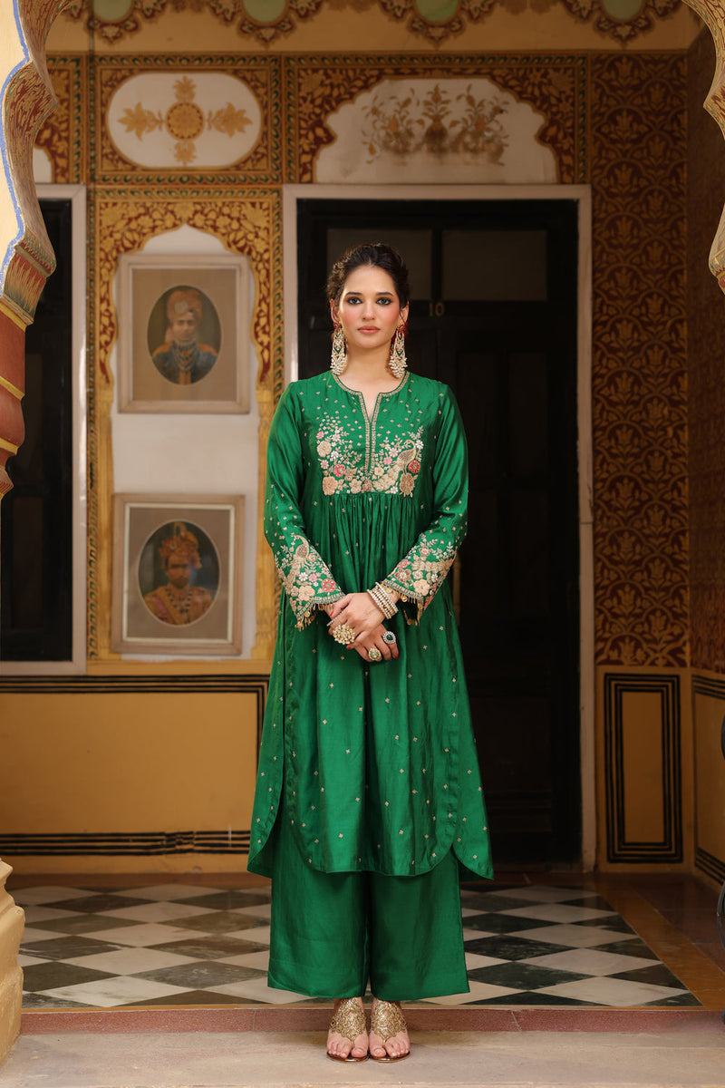Ahista Green Mayur Applique Frockstyle Kurta Set silk tencel kurta/kurta set by Niti Bothra in green for women in Singapore