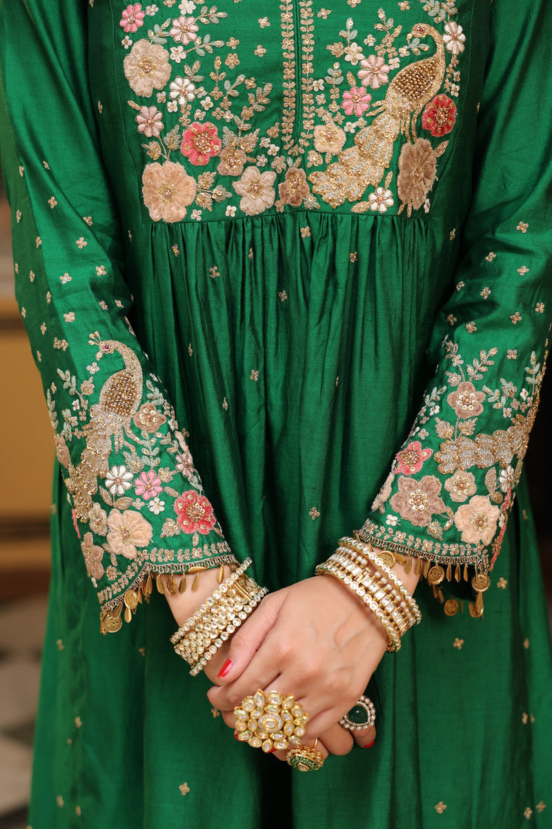 Ahista Green Mayur Applique Frockstyle Kurta Set silk tencel kurta/kurta set by Niti Bothra in green for women in Singapore
