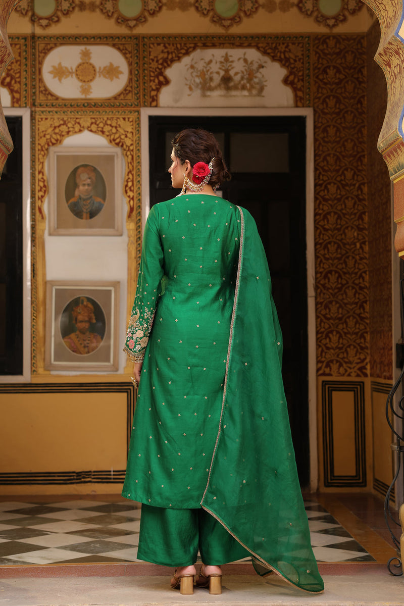 Ahista Green Mayur Applique Frockstyle Kurta Set silk tencel kurta/kurta set by Niti Bothra in green for women in Singapore