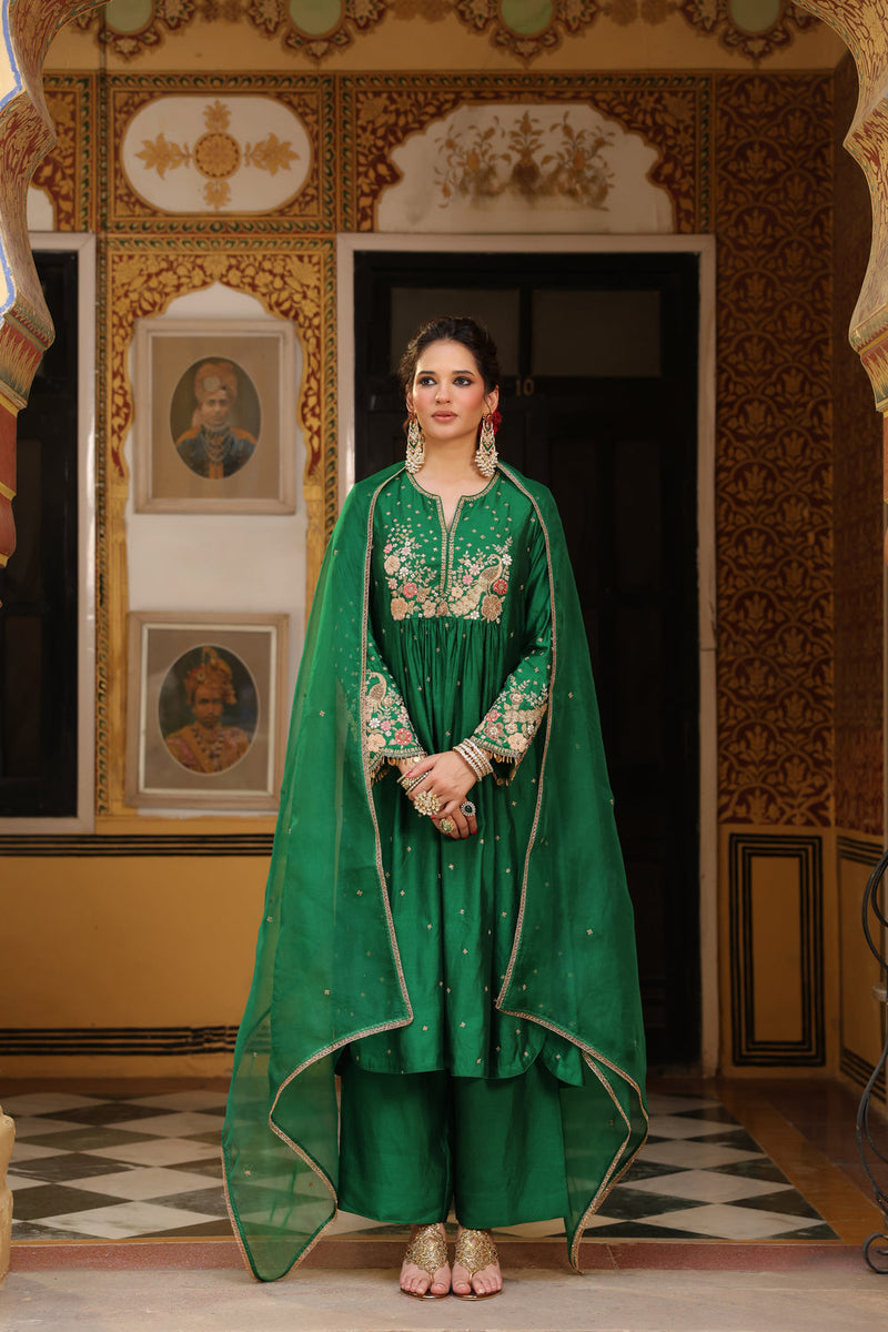 Ahista Green Mayur Applique Frockstyle Kurta Set silk tencel kurta/kurta set by Niti Bothra in green for women in Singapore