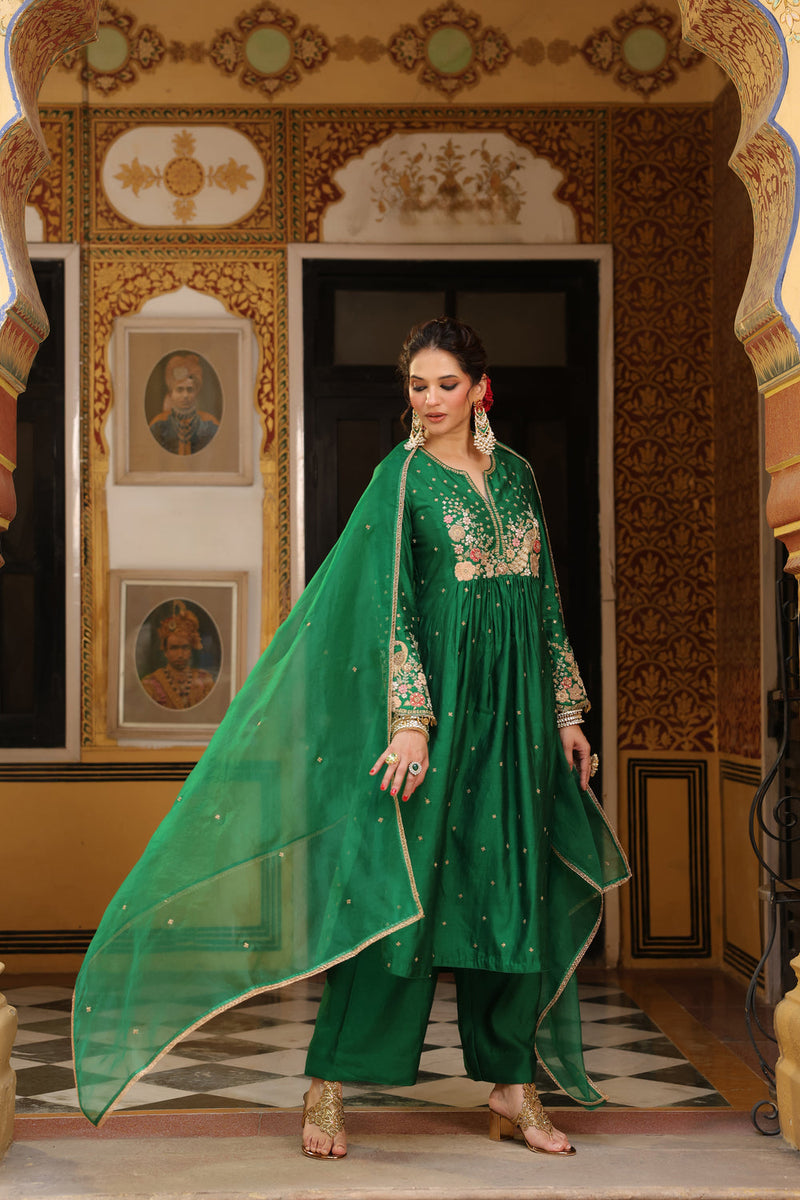 Ahista Green Mayur Applique Frockstyle Kurta Set silk tencel kurta/kurta set by Niti Bothra in green for women in Singapore