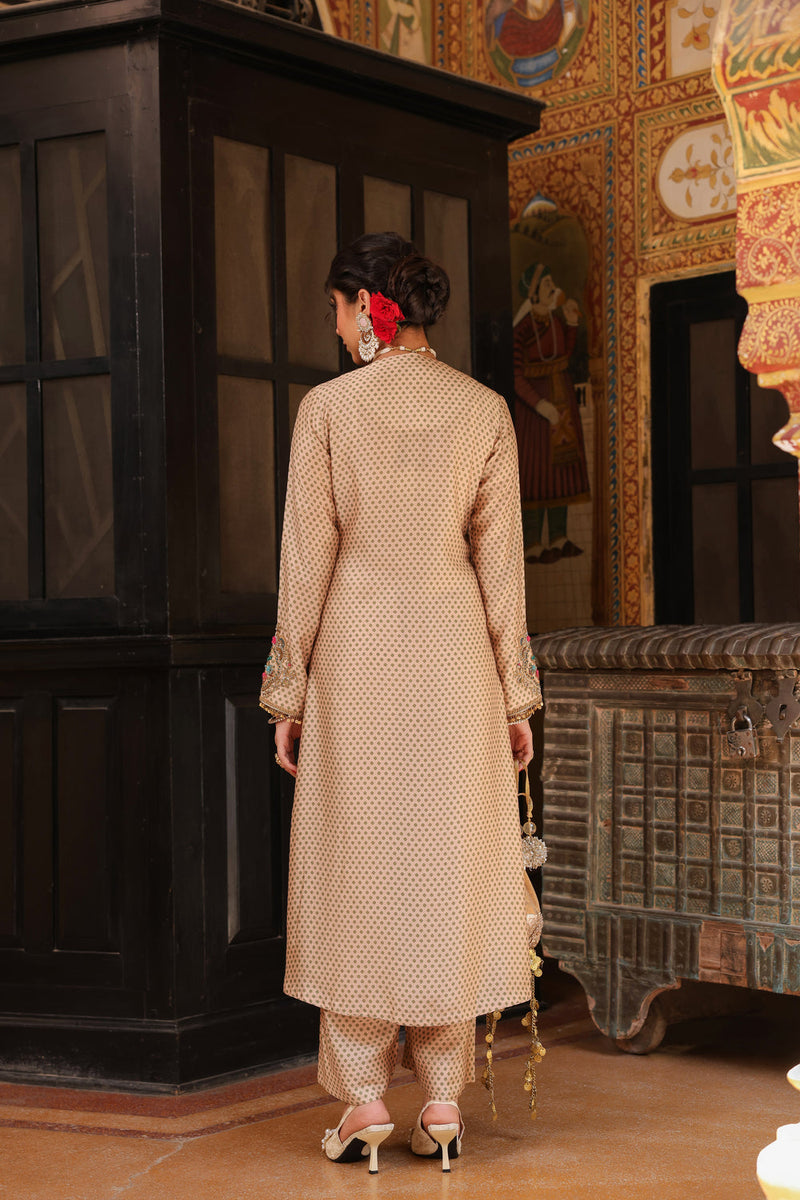 Ahista Ivory Printed Frockstyle Kurta Set silk tencel kurta/kurta set by Niti Bothra in ivory for women in Singapore