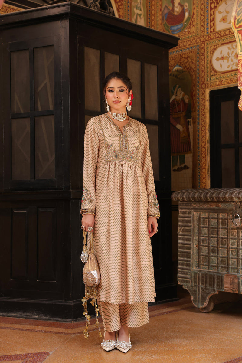 Ahista Ivory Printed Frockstyle Kurta Set silk tencel kurta/kurta set by Niti Bothra in ivory for women in Singapore