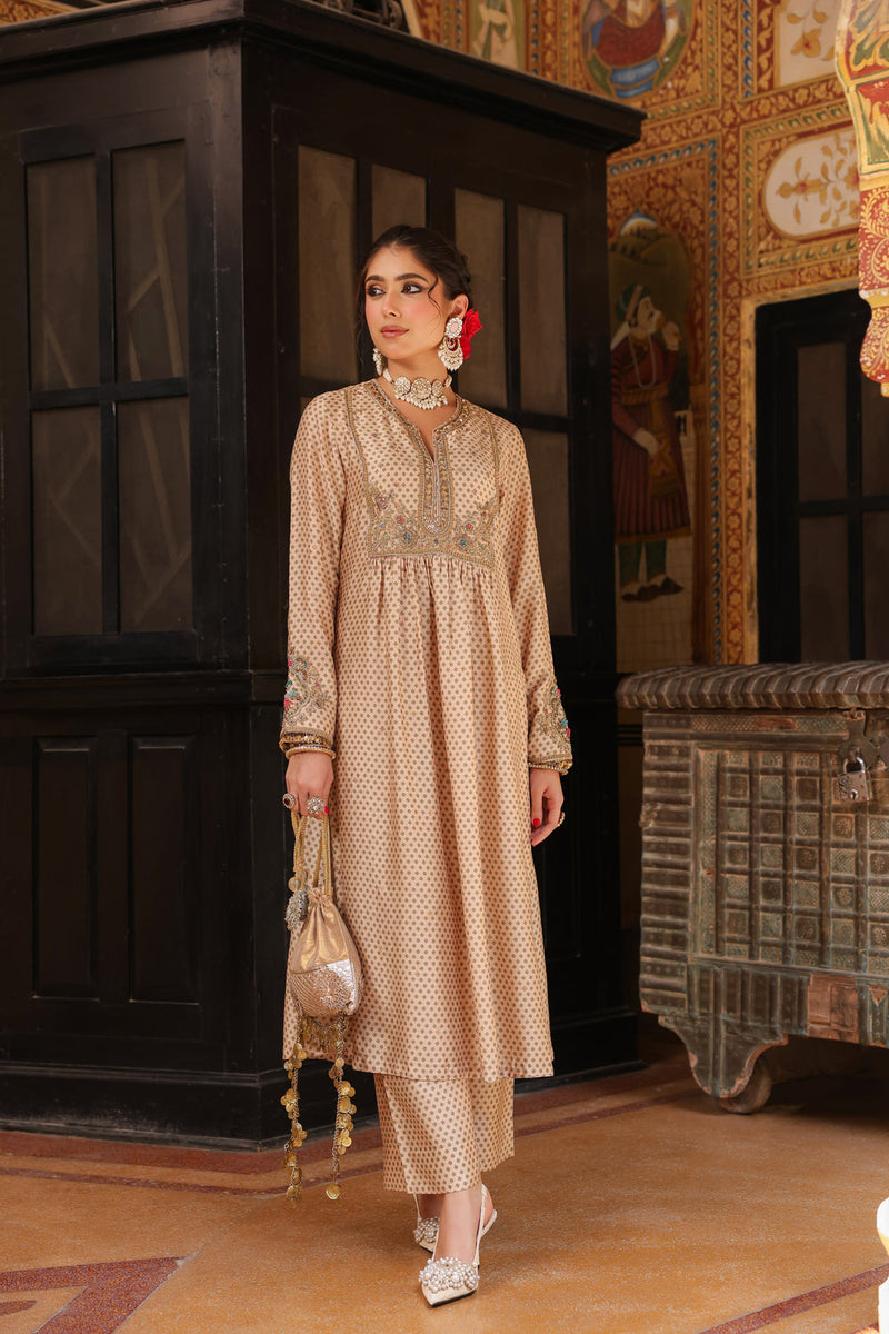 Ahista Ivory Printed Frockstyle Kurta Set silk tencel kurta/kurta set by Niti Bothra in ivory for women in Singapore