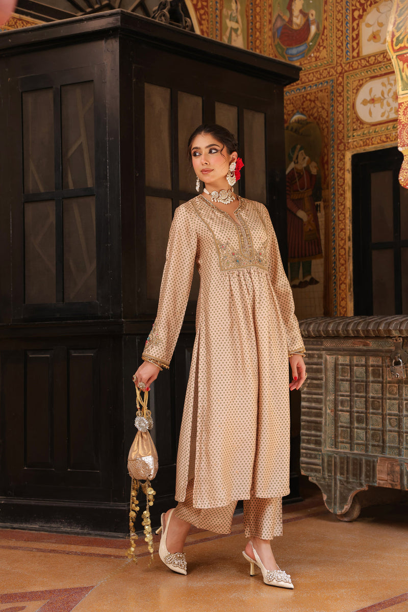 Ahista Ivory Printed Frockstyle Kurta Set silk tencel kurta/kurta set by Niti Bothra in ivory for women in Singapore