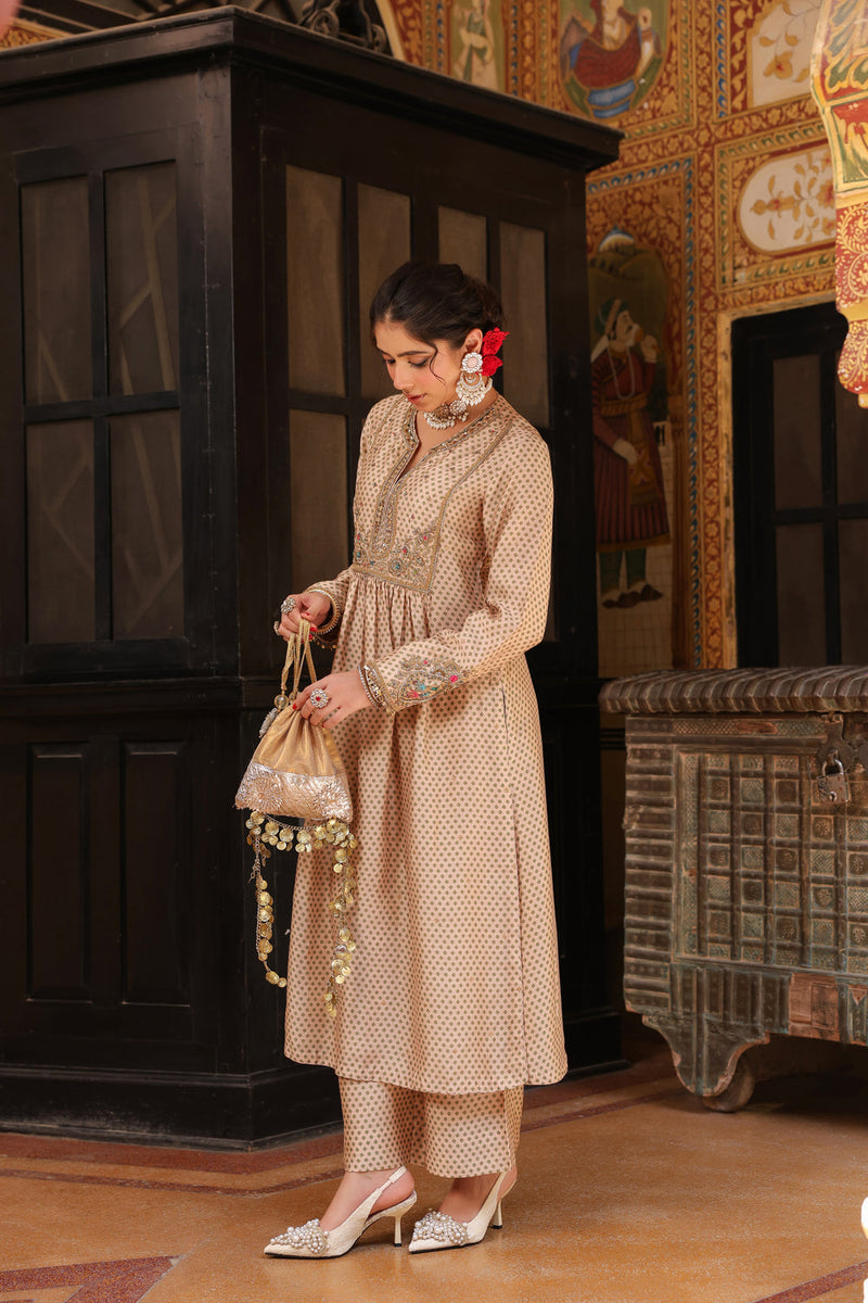 Ahista Ivory Printed Frockstyle Kurta Set silk tencel kurta/kurta set by Niti Bothra in ivory for women in Singapore