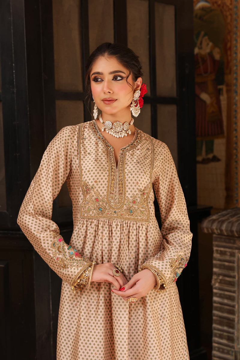 Ahista Ivory Printed Frockstyle Kurta Set silk tencel kurta/kurta set by Niti Bothra in ivory for women in Singapore