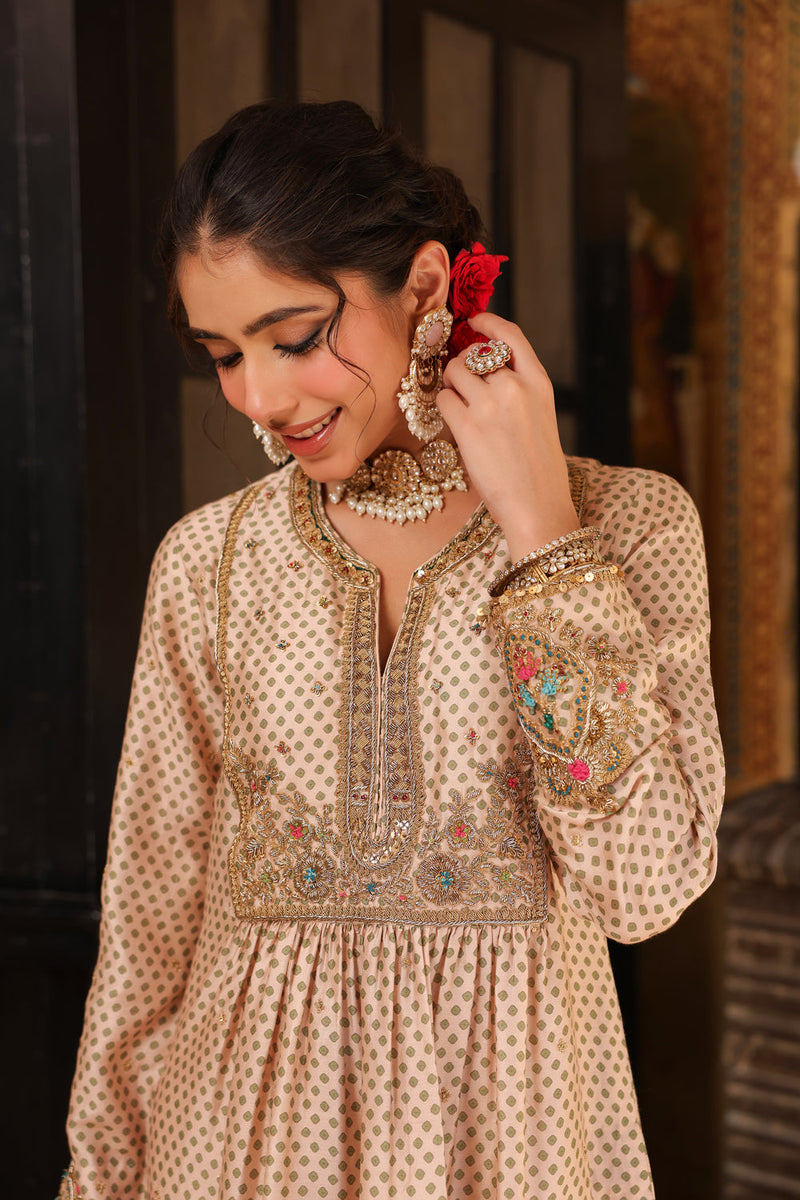 Ahista Ivory Printed Frockstyle Kurta Set silk tencel kurta/kurta set by Niti Bothra in ivory for women in Singapore