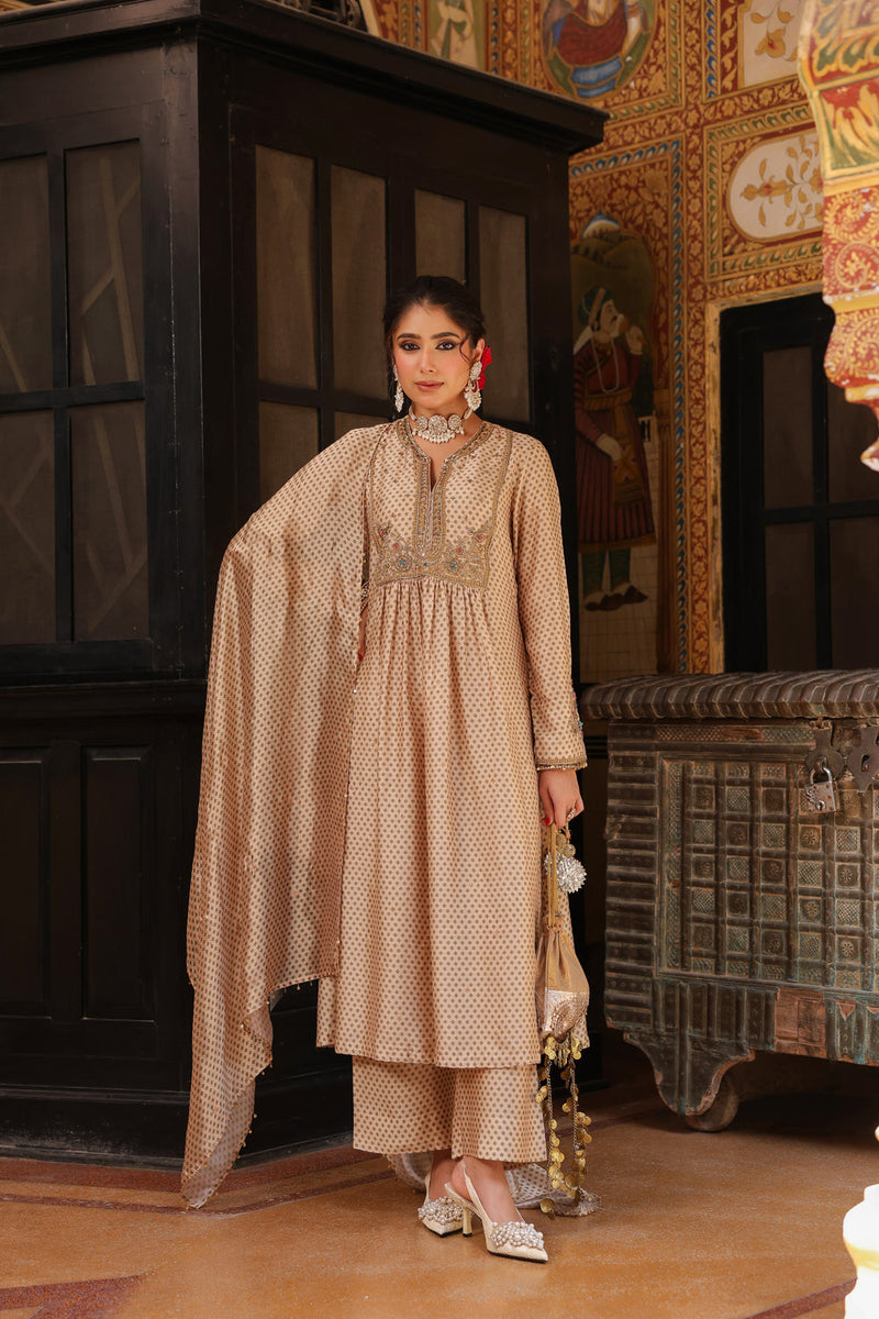 Ahista Ivory Printed Frockstyle Kurta Set silk tencel kurta/kurta set by Niti Bothra in ivory for women in Singapore