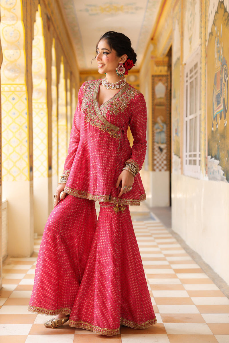 Ahista Pink Printed Angrakha Sharara Set silk chanderi kurta/kurta set by Niti Bothra in pink for women in Singapore