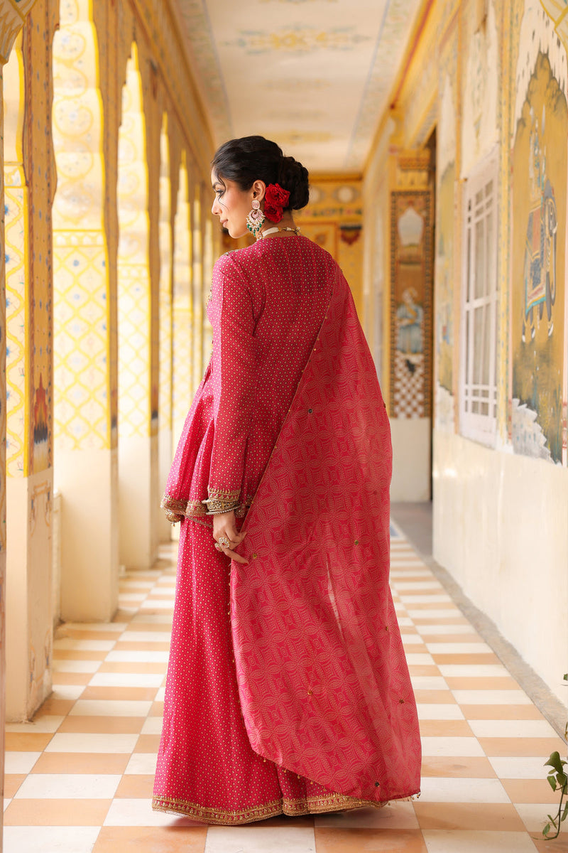 Ahista Pink Printed Angrakha Sharara Set silk chanderi kurta/kurta set by Niti Bothra in pink for women in Singapore