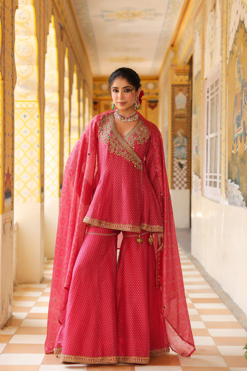 Ahista Pink Printed Angrakha Sharara Set silk chanderi kurta/kurta set by Niti Bothra in pink for women in Singapore