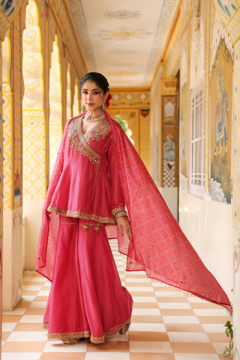 Ahista Pink Printed Angrakha Sharara Set silk chanderi kurta/kurta set by Niti Bothra in pink for women in Singapore