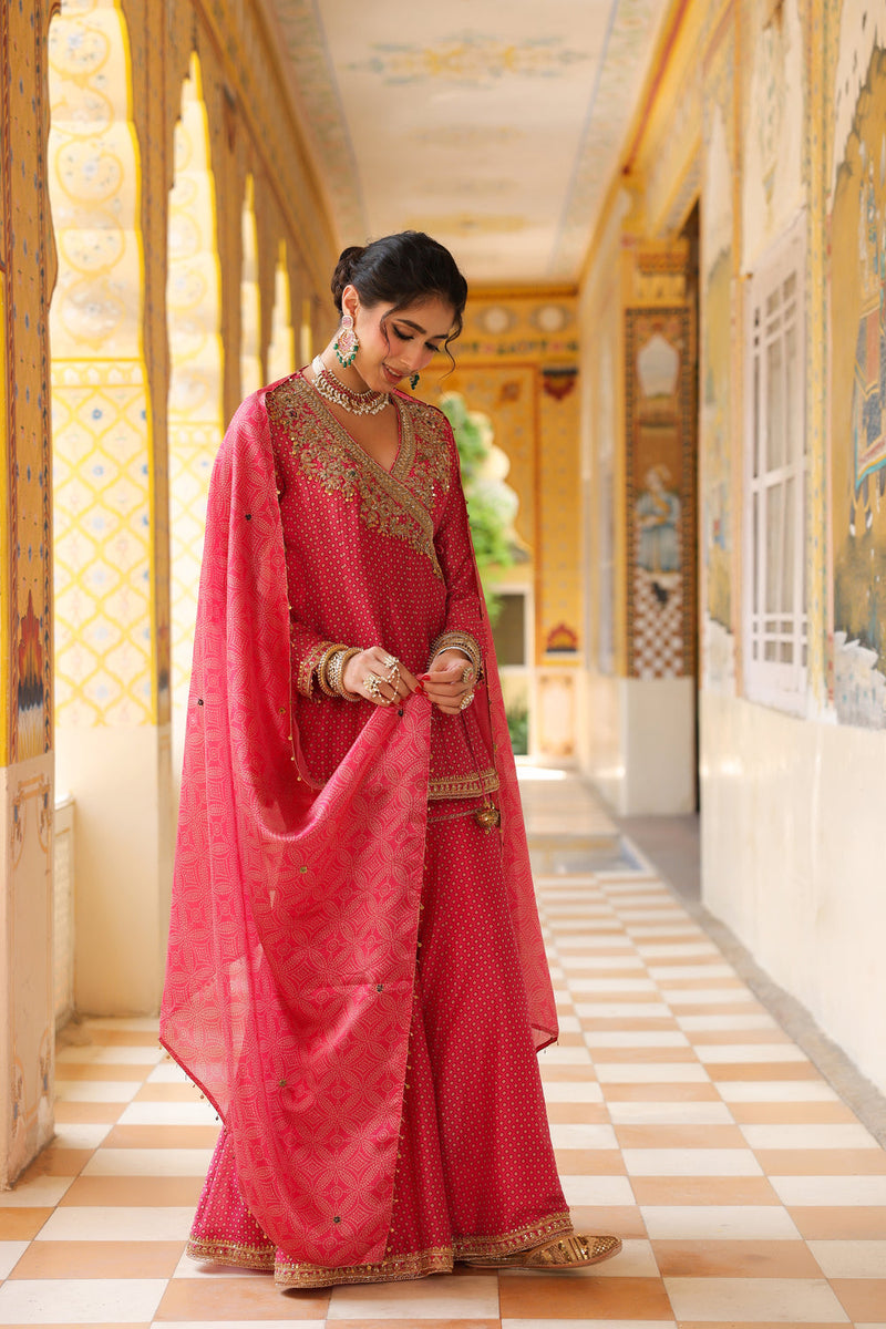 Ahista Pink Printed Angrakha Sharara Set silk chanderi kurta/kurta set by Niti Bothra in pink for women in Singapore