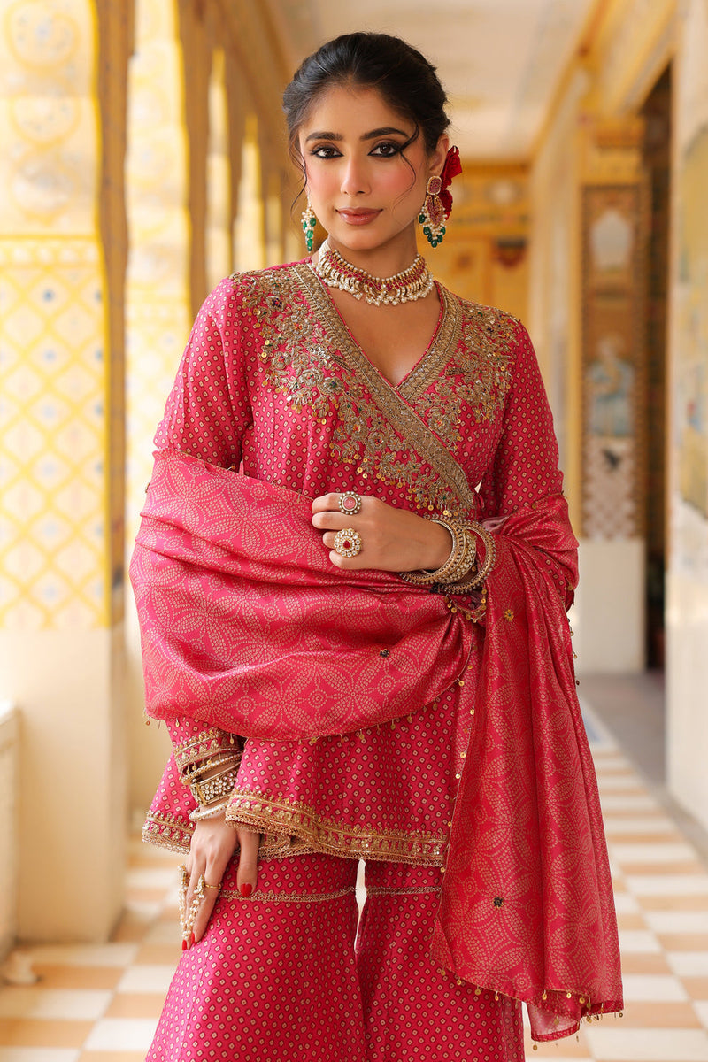 Ahista Pink Printed Angrakha Sharara Set silk chanderi kurta/kurta set by Niti Bothra in pink for women in Singapore