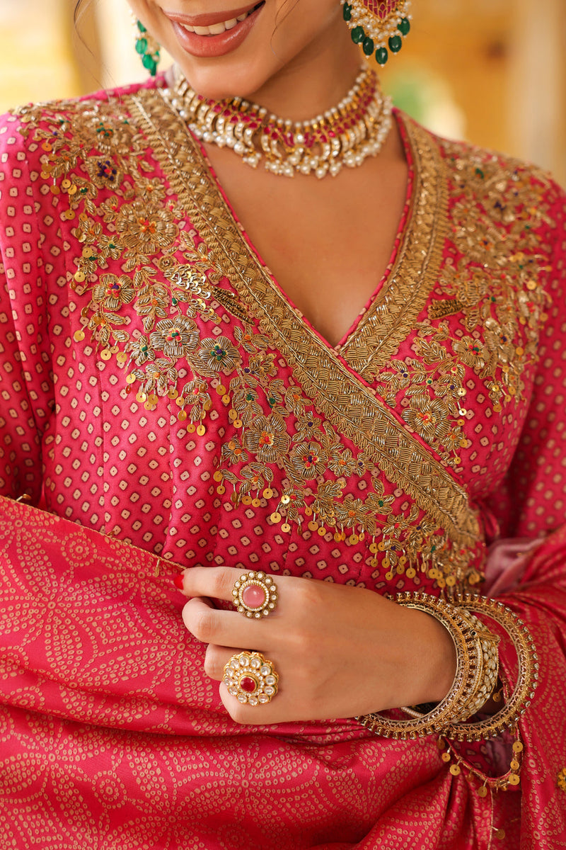 Ahista Pink Printed Angrakha Sharara Set silk chanderi kurta/kurta set by Niti Bothra in pink for women in Singapore